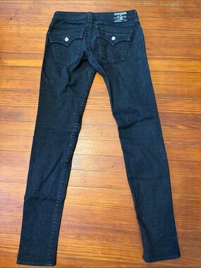 True Religion Women's Black Skinny Jeans with Back Flap Pocket Rhinestone Accent
